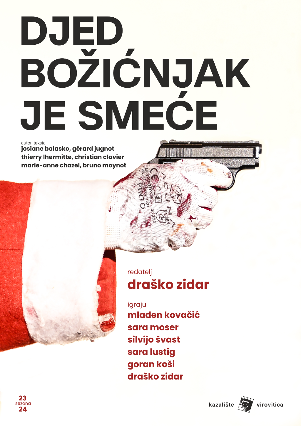 plakat za predstavu djed božićnjak je smeće kazališta virovitica prikazuje ruku u kostimu djeda božićnjaka koja drži pištolj