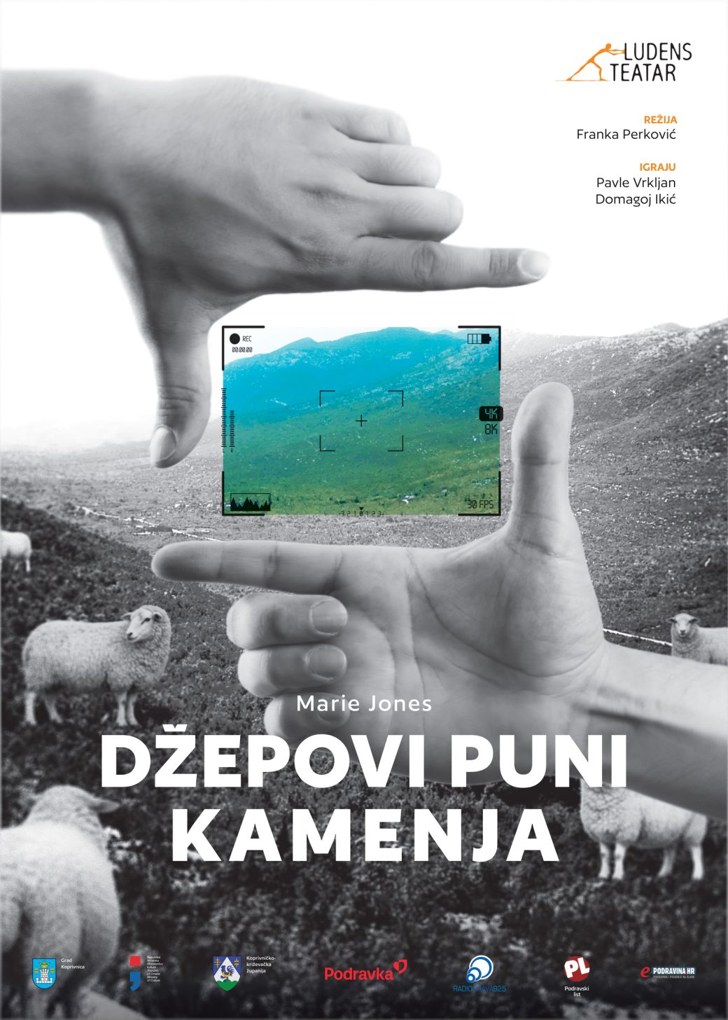 plakat za predstavu dzepovi puni kamenja iz produkcije ludens teatra u režiji franke perković. Glume Domagoj Ikić i Pavle Vrkljan